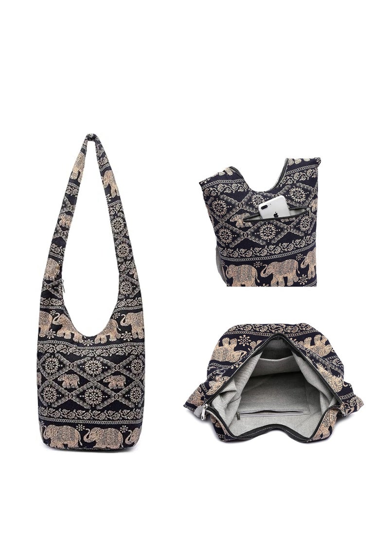 Khaki Elephant - Patterned Hobo Bag with Linen - Cotton Outer Fabric and Denim Inner Fabric