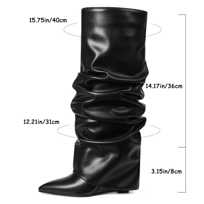Oiamenne Women's Fold Over Boots Slouched Ruched Knee High Boots for Women Wedge Heel Pointed Toe Tall Boot Wide Calf Pull-on Casual Boots Size 7.5 - Image 4