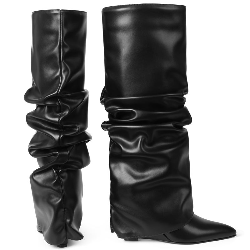 Oiamenne Women's Fold Over Boots Slouched Ruched Knee High Boots for Women Wedge Heel Pointed Toe Tall Boot Wide Calf Pull-on Casual Boots Size 7.5 - Image 5