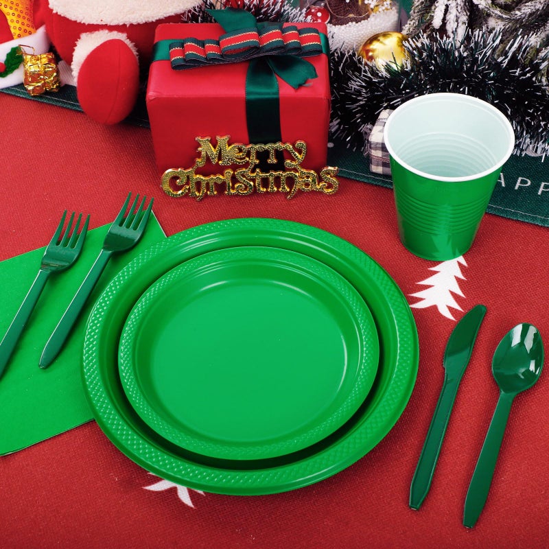 WELLIFE 210Pcs Green Party Supplies  Plastic Dinnerware Set  Including Green Plastic Plates and Napkins  Cutlery and 12OZ Cups  Serve 30 Guests for Party - Image 3
