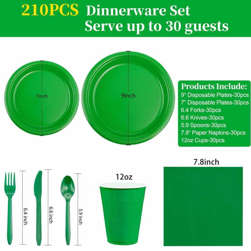 WELLIFE 210Pcs Green Party Supplies  Plastic Dinnerware Set  Including Green Plastic Plates and Napkins  Cutlery and 12OZ Cups  Serve 30 Guests for Party - Image 2