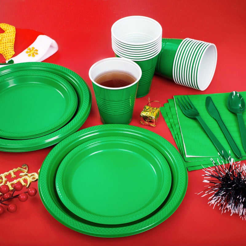 WELLIFE 210Pcs Green Party Supplies  Plastic Dinnerware Set  Including Green Plastic Plates and Napkins  Cutlery and 12OZ Cups  Serve 30 Guests for Party - Image 5