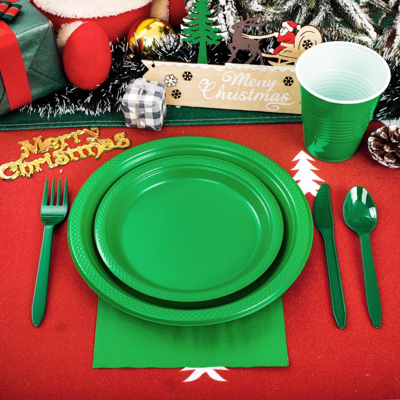 WELLIFE 210Pcs Green Party Supplies  Plastic Dinnerware Set  Including Green Plastic Plates and Napkins  Cutlery and 12OZ Cups  Serve 30 Guests for Party - Image 4