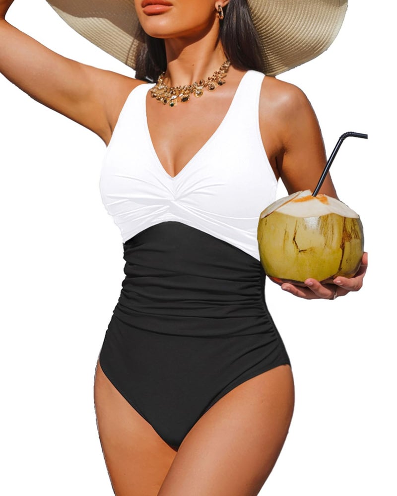 Holipick Black and White Women Tummy Control One Piece Swimsuit - Push Up Bathing Suit Full Coverage Slimming Swimwear M - Image 1