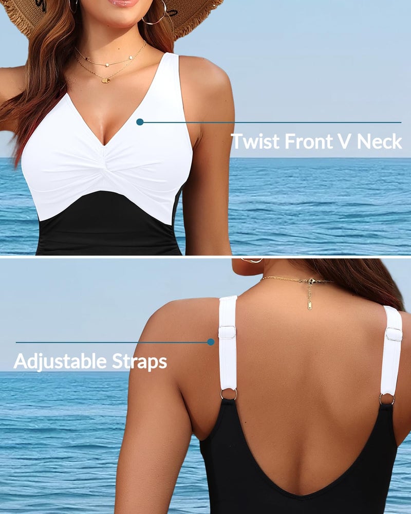 Holipick Black and White Women Tummy Control One Piece Swimsuit - Push Up Bathing Suit Full Coverage Slimming Swimwear M - Image 2