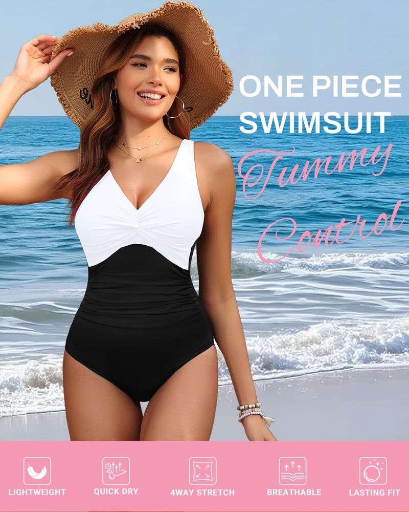 Holipick Black and White Women Tummy Control One Piece Swimsuit - Push Up Bathing Suit Full Coverage Slimming Swimwear M - Image 4