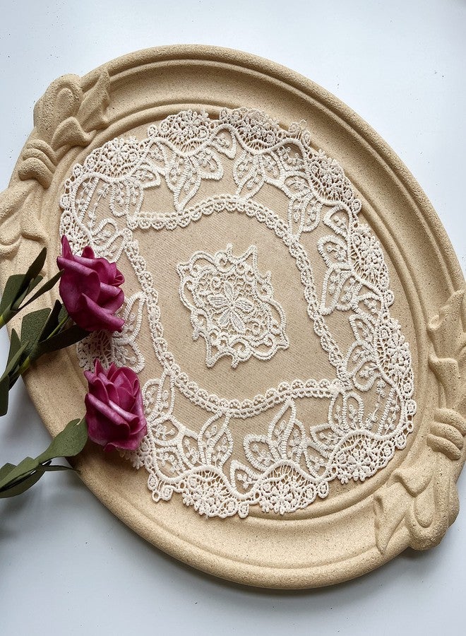 VIRFONOR Set of 2 Beige French Style Lace Placemats,Oval Vintage Embroidered Lace Doilies for Table,Exquisite Dresser Scarf Vase Mat, 10.6''x8.6'' - Image 1