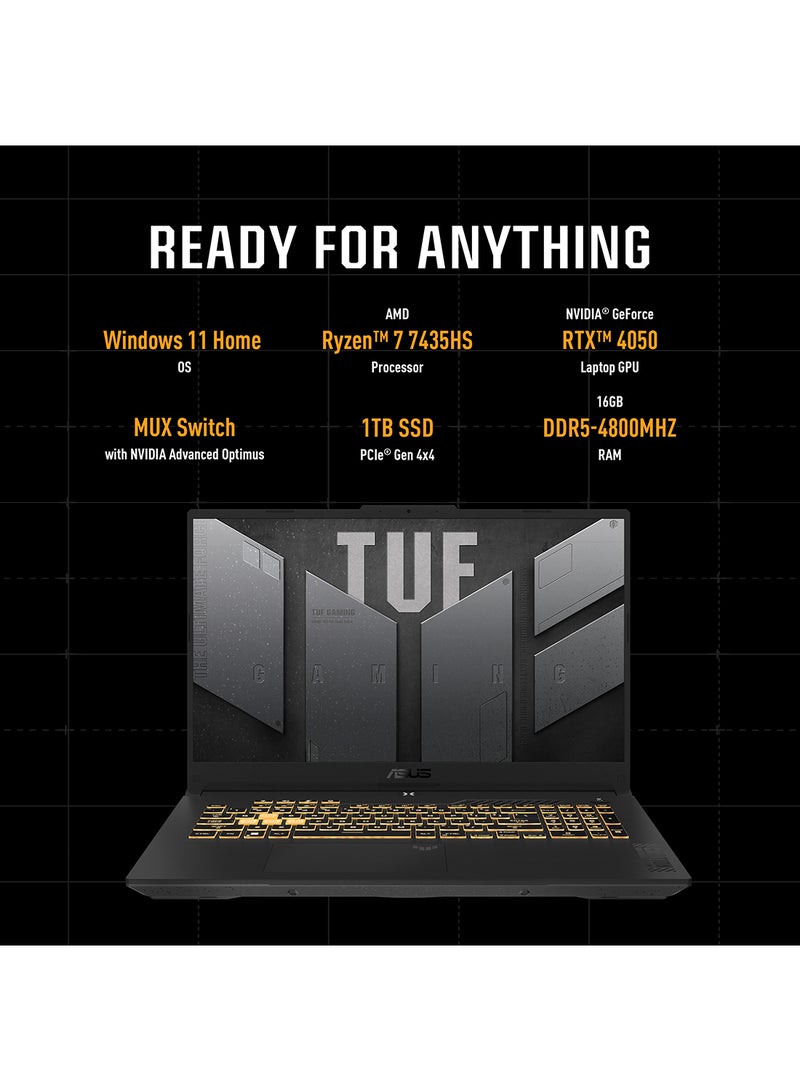 أسوس لابتوب توف جيمينج A15 FA507NUR-LP053W بشاشة مقاس 15.6 بوصة، ومعالج ايه ام دي رايزن 7-7435HS/ذاكرة وصول عشوائي رام 16 جيجابايت/محرك أقراص إس إس دي سعة 1 تيرابايت/بطاقة رسومات انفيديا جي فورس ار تي اكس 4050 سعة 6 جيجابايت/نظام التشغيل ويندوز 11 هوم الإنجليزية/العربية رمادي ميكا - Image 4