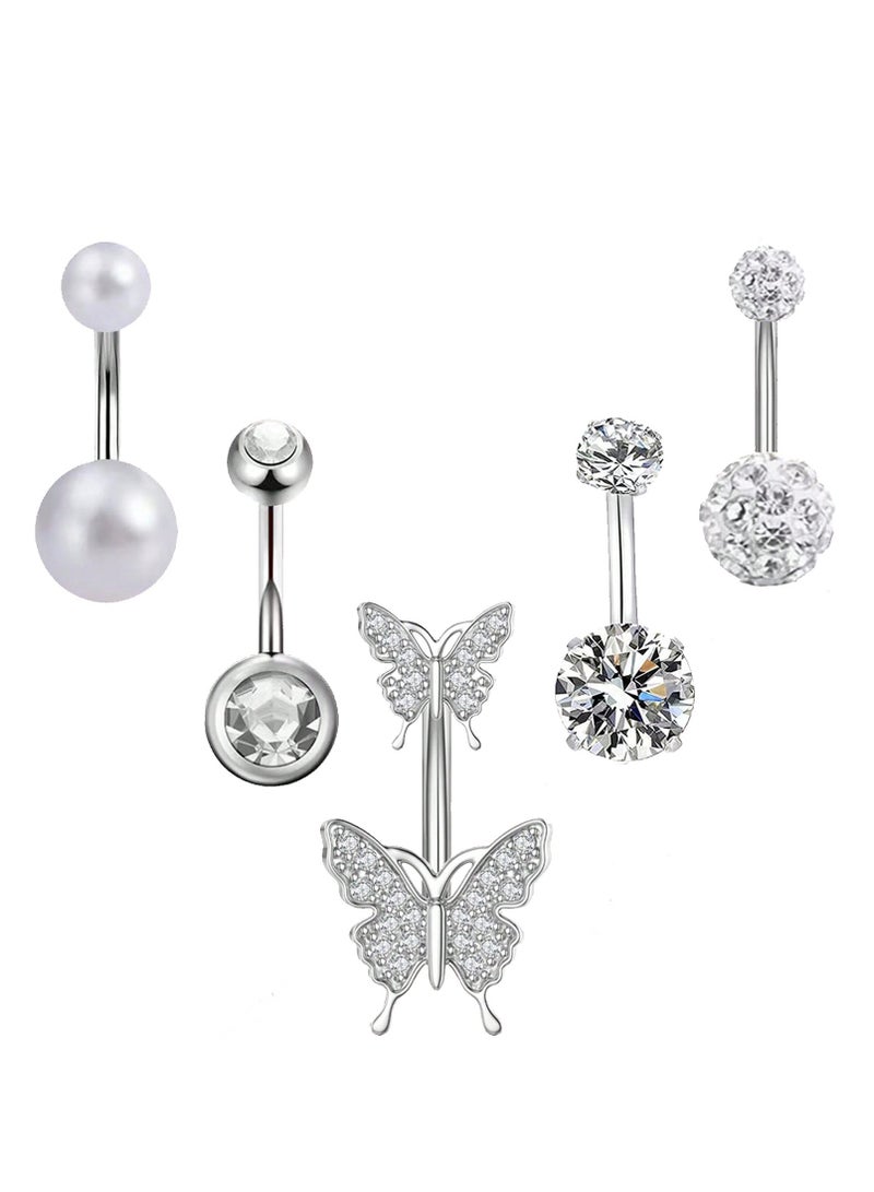5pcs pearl Belly Ring Set Stainless Steel Fashion Butterfly design Rhinestone studded Silver Belly  Button for Women holiday&dating & party & wedding - Image 1