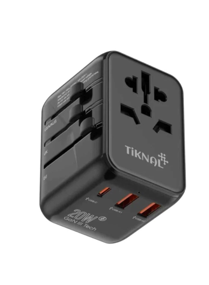 Tiknal GaN 20W Global Charger – 3 USB Ports and a Fast Type-C Port – Compatible with 180 Countries - Image 1