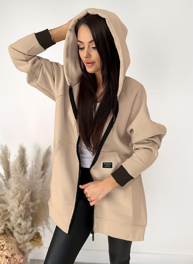 Take Two Beige Solid Zip Up Longline Hoodie - Image 5