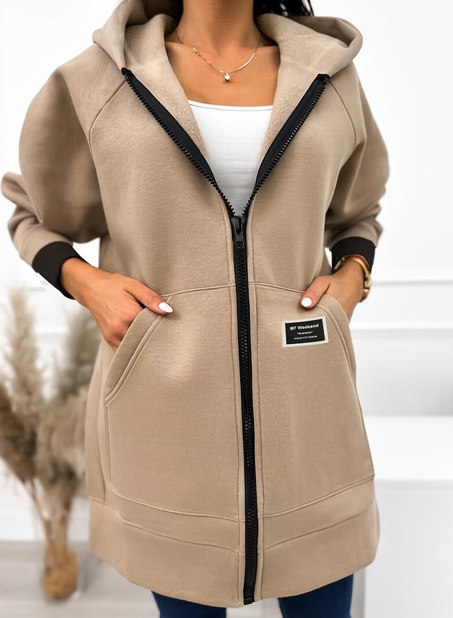 Take Two Beige Solid Zip Up Longline Hoodie - Image 1