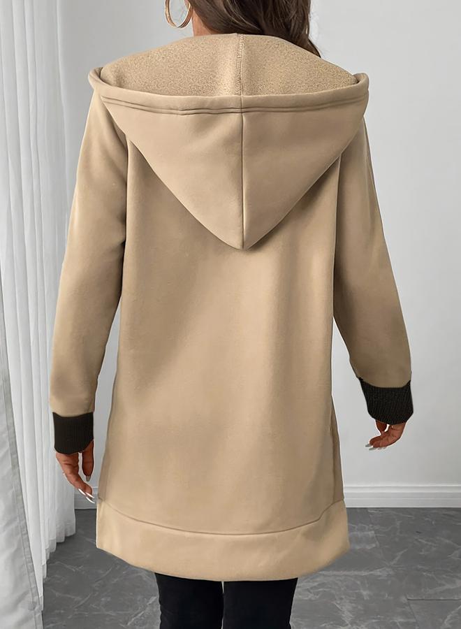 Take Two Beige Solid Zip Up Longline Hoodie - Image 2