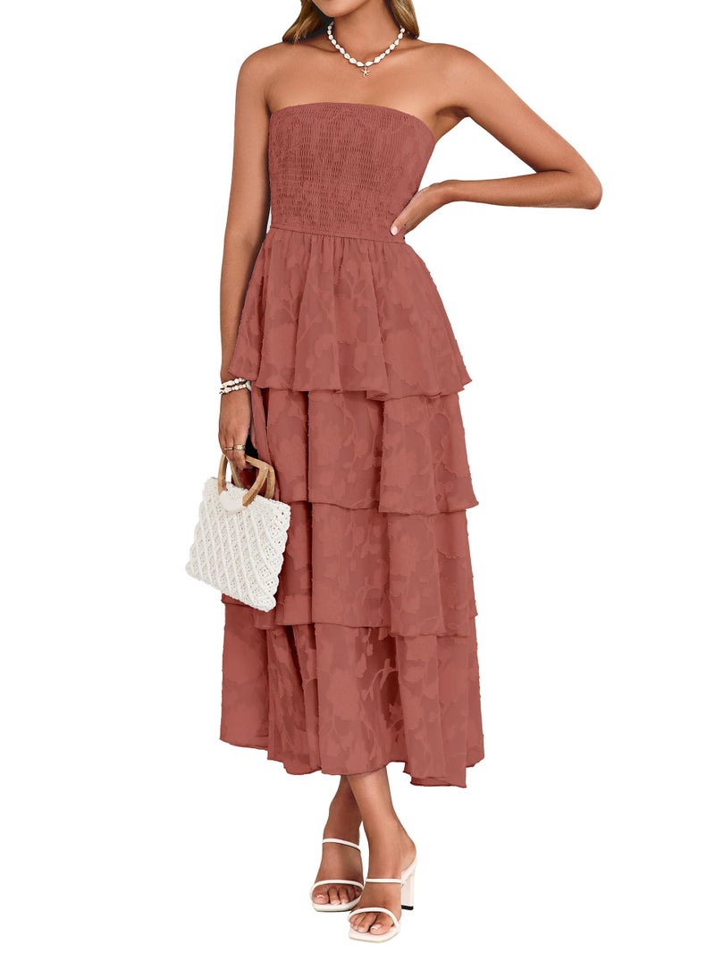 Simplee Womens Wedding Guest Maxi Dress 2026 Strapless Boho Floral Spaghetti Strap High Waist Party Sexy Long Formal Layered Flowy Dress(Rust Red XL) - Image 1