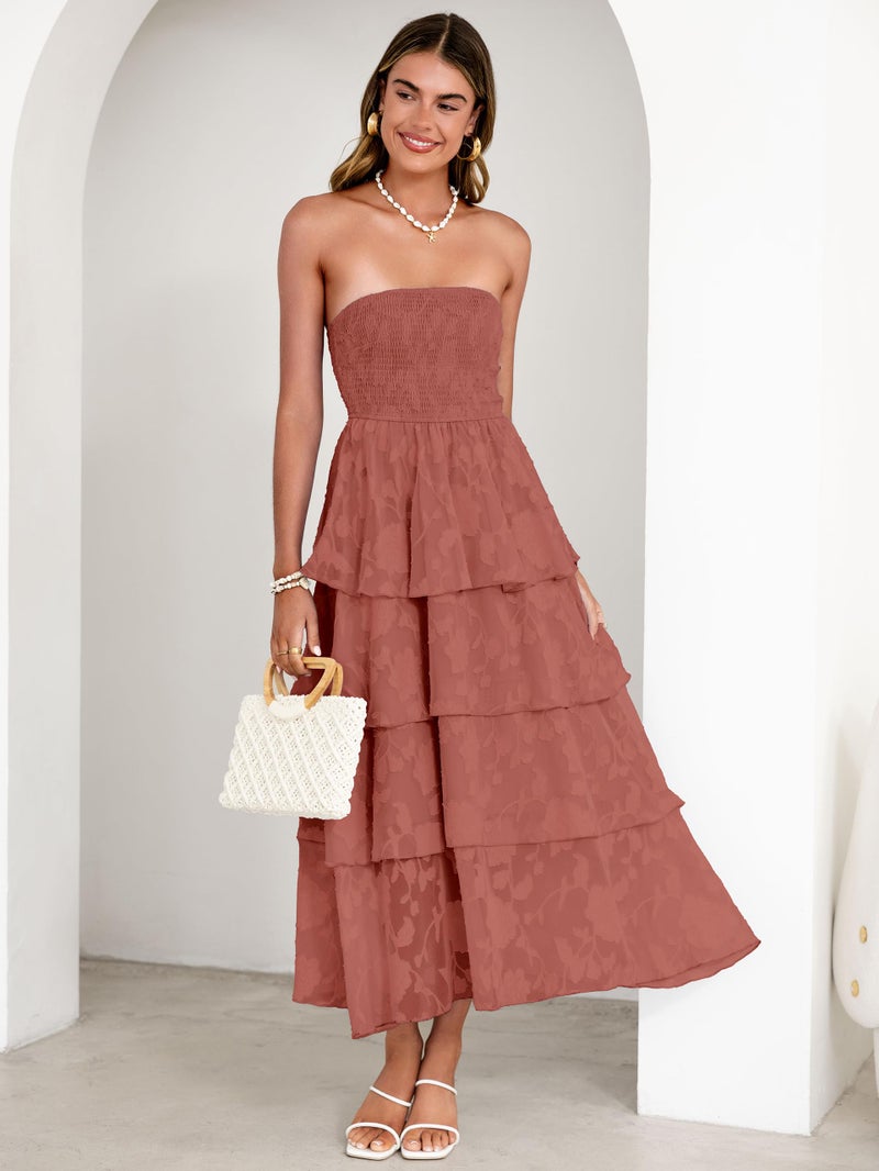 Simplee Womens Wedding Guest Maxi Dress 2026 Strapless Boho Floral Spaghetti Strap High Waist Party Sexy Long Formal Layered Flowy Dress(Rust Red XL) - Image 3