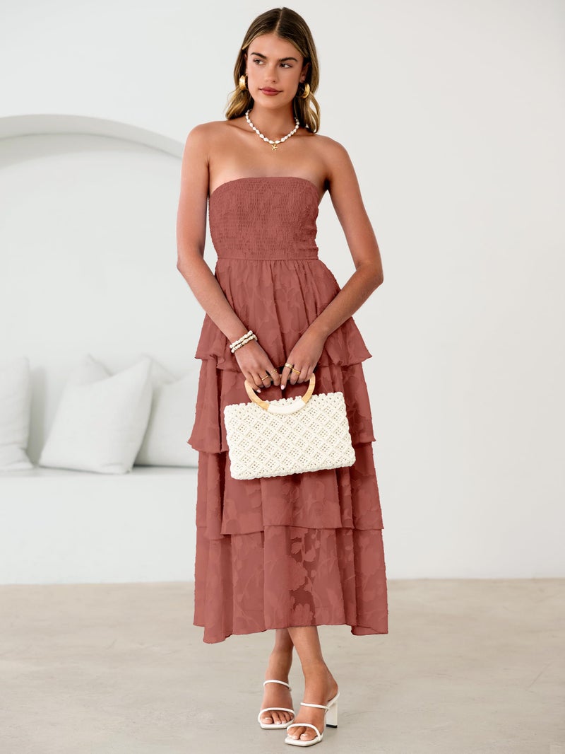 Simplee Womens Wedding Guest Maxi Dress 2026 Strapless Boho Floral Spaghetti Strap High Waist Party Sexy Long Formal Layered Flowy Dress(Rust Red XL) - Image 4