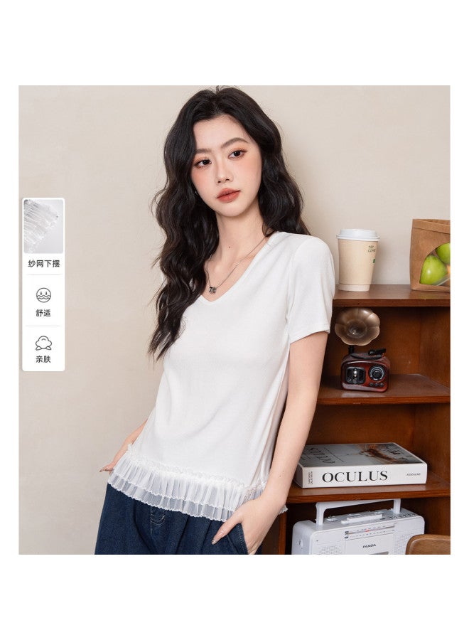 Jeanswest Solid Color Simple Comfortable V-neck Short Sleeve T-shirt With Hem Mesh Design, Youthful Slimming Women's Top - Image 2