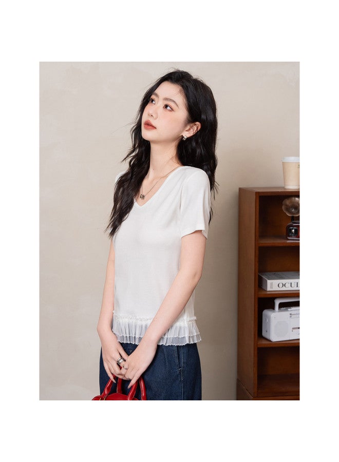 Jeanswest Solid Color Simple Comfortable V-neck Short Sleeve T-shirt With Hem Mesh Design, Youthful Slimming Women's Top - Image 4