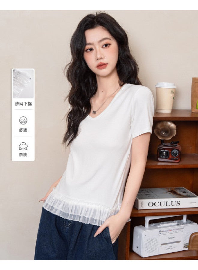 Jeanswest Solid Color Simple Comfortable V-neck Short Sleeve T-shirt With Hem Mesh Design, Youthful Slimming Women's Top - Image 1
