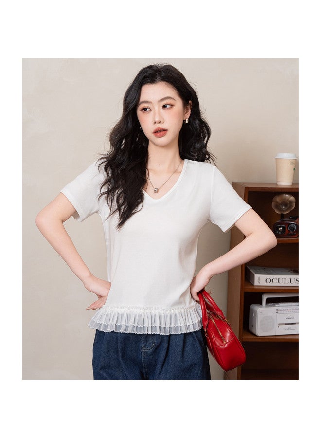 Jeanswest Solid Color Simple Comfortable V-neck Short Sleeve T-shirt With Hem Mesh Design, Youthful Slimming Women's Top - Image 3