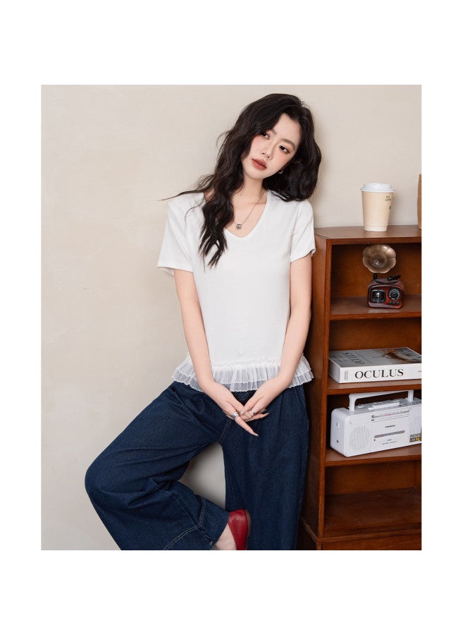 Jeanswest Solid Color Simple Comfortable V-neck Short Sleeve T-shirt With Hem Mesh Design, Youthful Slimming Women's Top - Image 5