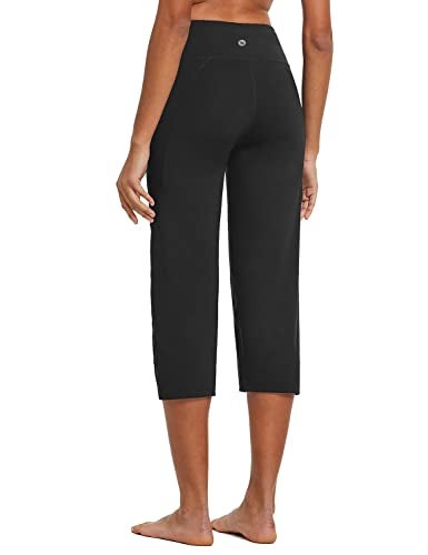 baleaf Yoga Pants for Women Capris High Waist Leggings with Pockets Wide Leg Exercise Workout Crop Straight Open Bottom Black L - Image 3