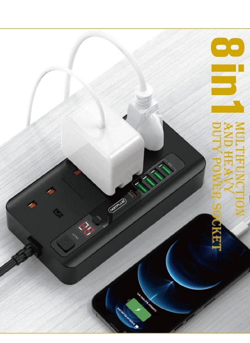 Digitplus - 3500w Multifunction Extension 4USB with 3 Power Socket with C-type USB Stereo Plug-in Black - Image 1