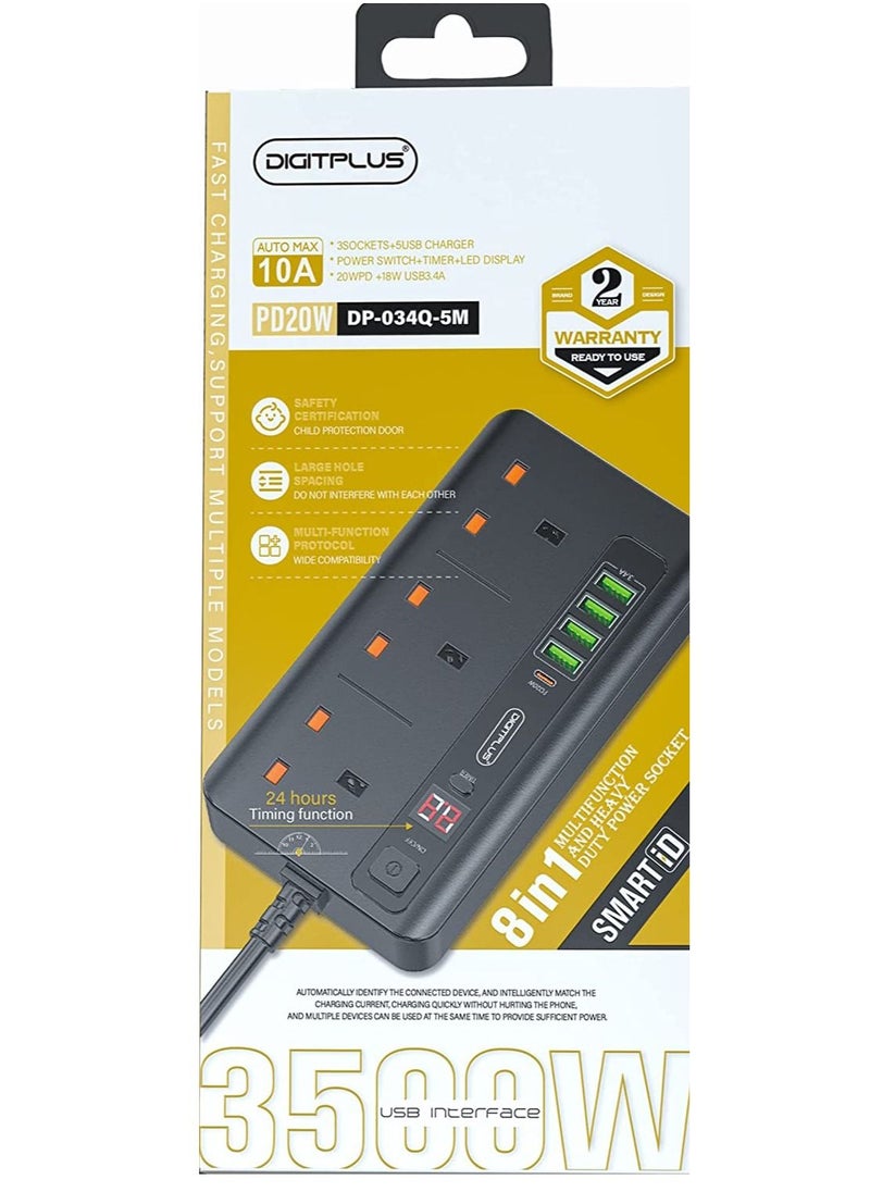 Digitplus - 3500w Multifunction Extension 4USB with 3 Power Socket with C-type USB Stereo Plug-in Black - Image 1