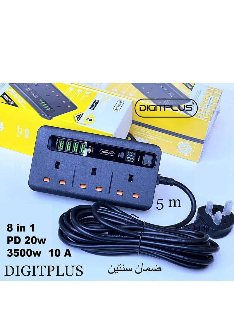 Digitplus - 3500w Multifunction Extension 4USB with 3 Power Socket with C-type USB Stereo Plug-in Black - Image 1