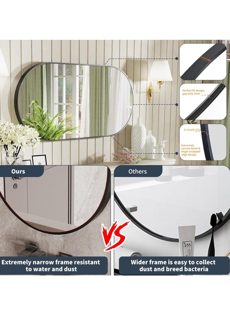 Oval Wall Mirror Black 100x50cm Modern Metal Framed Vanity Accent Pill-Shaped Mirror for Bathroom, Entryway Hall, Living Room, Bedroom, Wall Decor, Horizontal or Vertical