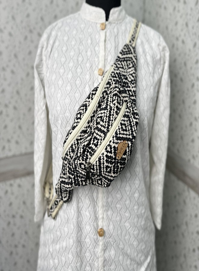 Abeo Handmade Geometric Pattern Fanny Pack, Black and Cream Jacquard Fabric, Adjustable Waist Bag with 3 Compartments, Cotton Lined Belt Bag, 42cm Width - Image 3