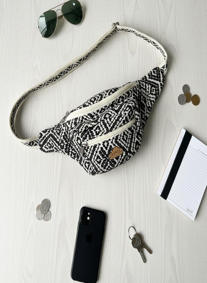 Abeo Handmade Geometric Pattern Fanny Pack, Black and Cream Jacquard Fabric, Adjustable Waist Bag with 3 Compartments, Cotton Lined Belt Bag, 42cm Width - Image 2