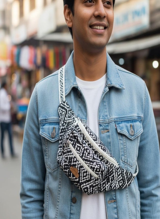 Abeo Handmade Geometric Pattern Fanny Pack, Black and Cream Jacquard Fabric, Adjustable Waist Bag with 3 Compartments, Cotton Lined Belt Bag, 42cm Width - Image 4