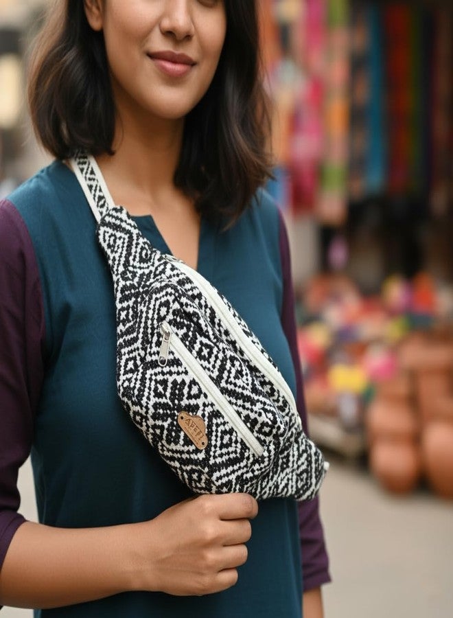 Abeo Handmade Geometric Pattern Fanny Pack, Black and Cream Jacquard Fabric, Adjustable Waist Bag with 3 Compartments, Cotton Lined Belt Bag, 42cm Width - Image 5