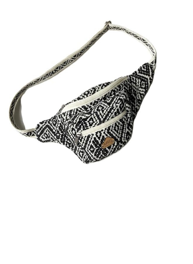 Abeo Handmade Geometric Pattern Fanny Pack, Black and Cream Jacquard Fabric, Adjustable Waist Bag with 3 Compartments, Cotton Lined Belt Bag, 42cm Width - Image 1