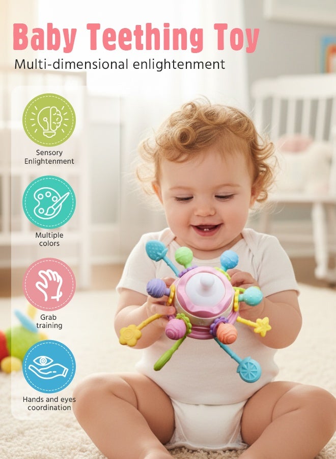 سوفت تاتش لعبة تسنين للأطفال مع مقبض، لعبة مونتيسوري الحسية، لعبة تعليمية تعليمية للأطفال الصغار، لعبة خيط سحب من السيليكون للأطفال، لعبة مضغ للأطفال، لعبة خشخيشة للأطفال للأولاد والبنات (وردي) - Image 3