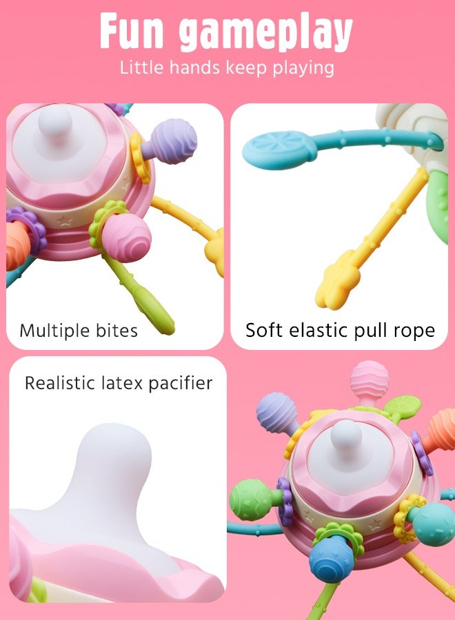 سوفت تاتش لعبة تسنين للأطفال مع مقبض، لعبة مونتيسوري الحسية، لعبة تعليمية تعليمية للأطفال الصغار، لعبة خيط سحب من السيليكون للأطفال، لعبة مضغ للأطفال، لعبة خشخيشة للأطفال للأولاد والبنات (وردي) - Image 4