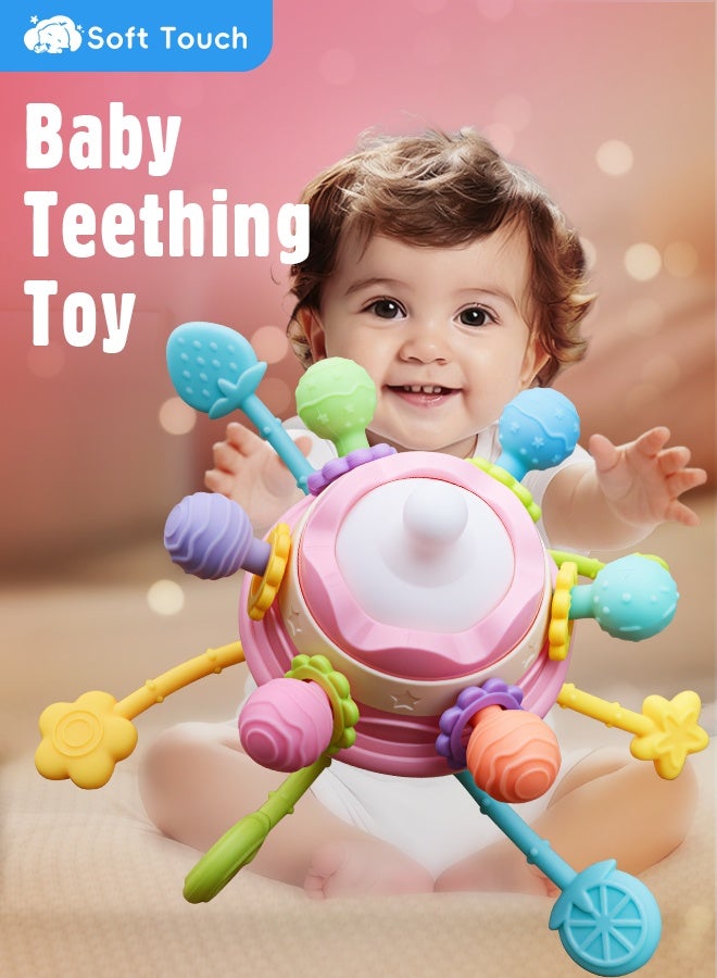 سوفت تاتش لعبة تسنين للأطفال مع مقبض، لعبة مونتيسوري الحسية، لعبة تعليمية تعليمية للأطفال الصغار، لعبة خيط سحب من السيليكون للأطفال، لعبة مضغ للأطفال، لعبة خشخيشة للأطفال للأولاد والبنات (وردي) - Image 2