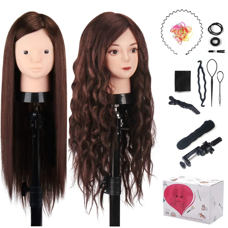 MYSWEETY Mannequin Head with 80% Real Human Hair, 23.5" Styling Training Head Manikin Cosmetology Head Hair Hairdressing Makeup Practice Doll Head with Clamp Holder and Tools - Image 1