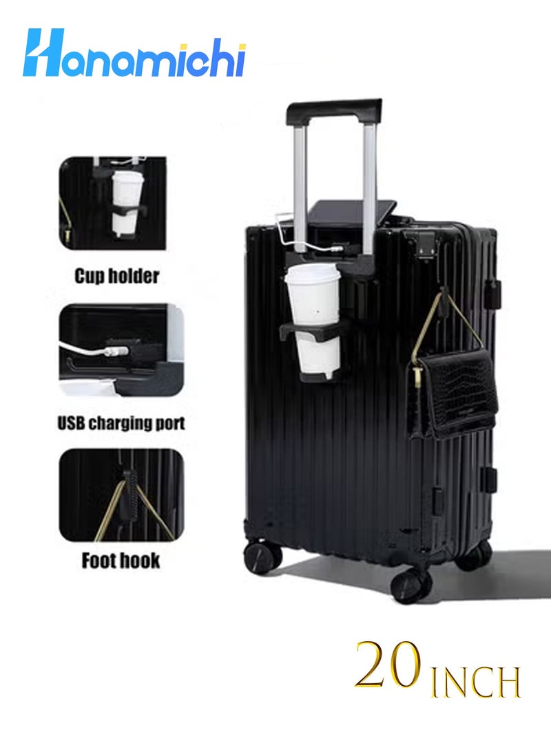 HANAMICHI Luggage 20 Inch Suitcase Travel Luggage Trolley Front Pocket Carry-On Luggage Hard Shell Suitcase with TSA Lock, USB Port, Cup Holder and Hook for Long-Distance Airplane Travel (Black)  - Image 1