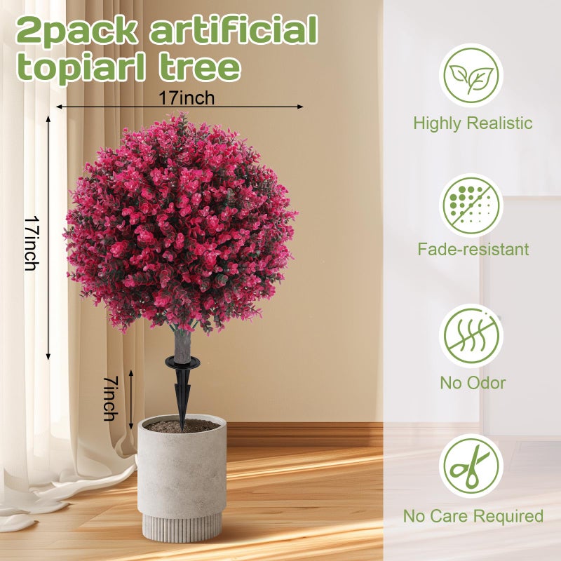 Jasmpig Artificial Red Eucalyptus Topiary Ball Tree 24" with Ground Spike, Set of 2 Artificial Boxwood Bushes for Faux Shrubs, Fake Evergreen Faux Plant for Indoor Outdoor Garden -UV Resistantâ€“Fade-Proof - Image 2