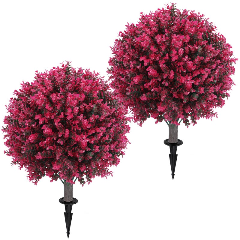 Jasmpig Artificial Red Eucalyptus Topiary Ball Tree 24" with Ground Spike, Set of 2 Artificial Boxwood Bushes for Faux Shrubs, Fake Evergreen Faux Plant for Indoor Outdoor Garden -UV Resistantâ€“Fade-Proof - Image 1
