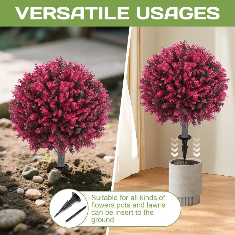 Jasmpig Artificial Red Eucalyptus Topiary Ball Tree 24" with Ground Spike, Set of 2 Artificial Boxwood Bushes for Faux Shrubs, Fake Evergreen Faux Plant for Indoor Outdoor Garden -UV Resistantâ€“Fade-Proof - Image 4