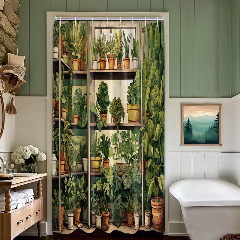 QGHOT Botanical Shower Curtain  Vintage Green Plant Shower Curtains for Bathroom Decor Nature Fake Potted Greenery Floral Bath Curtain Set  Waterproof Fabric  36"" W x 72"" L - Image 1