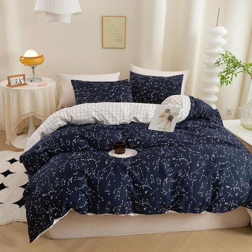 ECOCOTT Duvet Cover King, 3 Pieces 100% Natural Cotton 1 Duvet Cover +2 Pillowcases Bedding Set,Navy and Cosmic Constellation Reversible Printed Pattern Breathable and Durable Duvet Cover King Size - Image 5