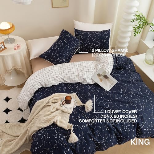 ECOCOTT Duvet Cover King, 3 Pieces 100% Natural Cotton 1 Duvet Cover +2 Pillowcases Bedding Set,Navy and Cosmic Constellation Reversible Printed Pattern Breathable and Durable Duvet Cover King Size - Image 2