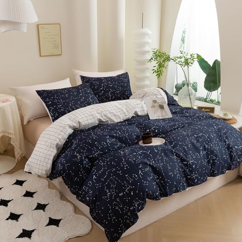 ECOCOTT Duvet Cover King, 3 Pieces 100% Natural Cotton 1 Duvet Cover +2 Pillowcases Bedding Set,Navy and Cosmic Constellation Reversible Printed Pattern Breathable and Durable Duvet Cover King Size - Image 4