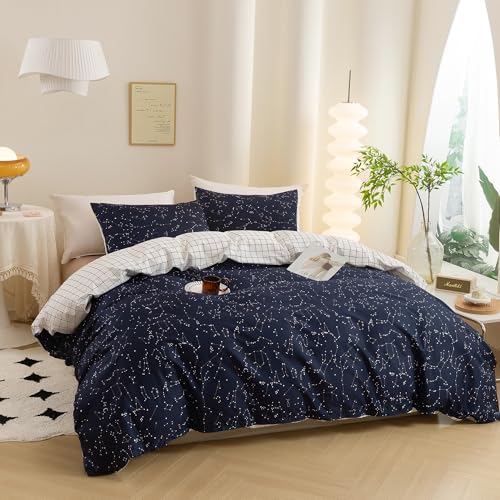 ECOCOTT Duvet Cover King, 3 Pieces 100% Natural Cotton 1 Duvet Cover +2 Pillowcases Bedding Set,Navy and Cosmic Constellation Reversible Printed Pattern Breathable and Durable Duvet Cover King Size - Image 3