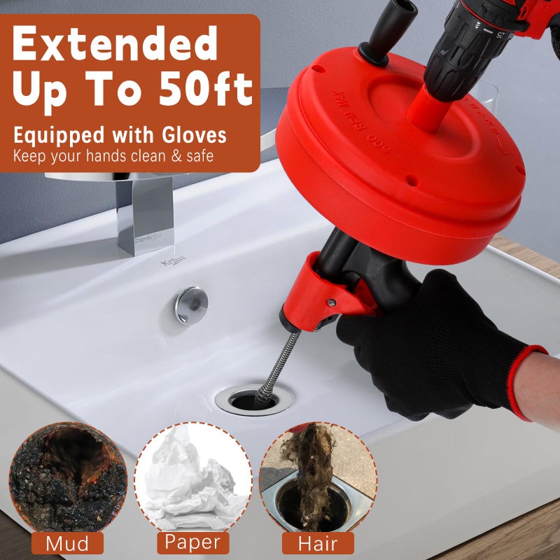 XFIRE-GEAR ã€Newã€‘50 FT Double Mode Drain Snake Tools, 11-in-1 Drain Auger for Sink and Drain Unblocking, Plumbing Snake for Kitchen, Bathrom and Shower Sink, Snake for Real DYIs (Red) - Image 4
