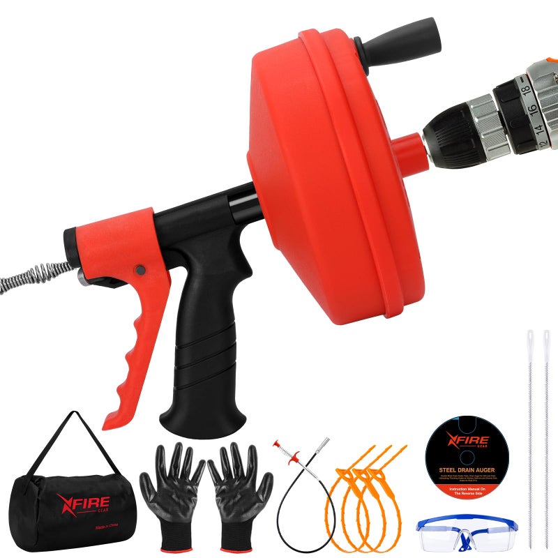 XFIRE-GEAR ã€Newã€‘50 FT Double Mode Drain Snake Tools, 11-in-1 Drain Auger for Sink and Drain Unblocking, Plumbing Snake for Kitchen, Bathrom and Shower Sink, Snake for Real DYIs (Red) - Image 1